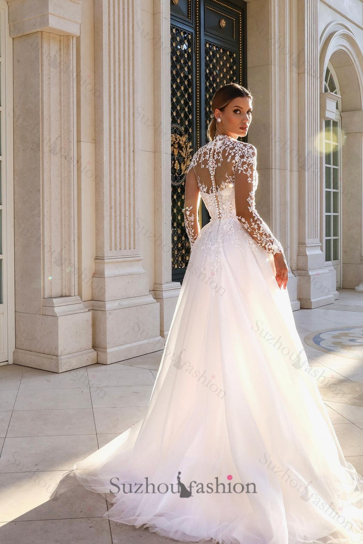 White Wedding Dress A Line Lace High Neck Long Illusion Sleeves Sweep Train Tulle Bridal Gown With Appliques