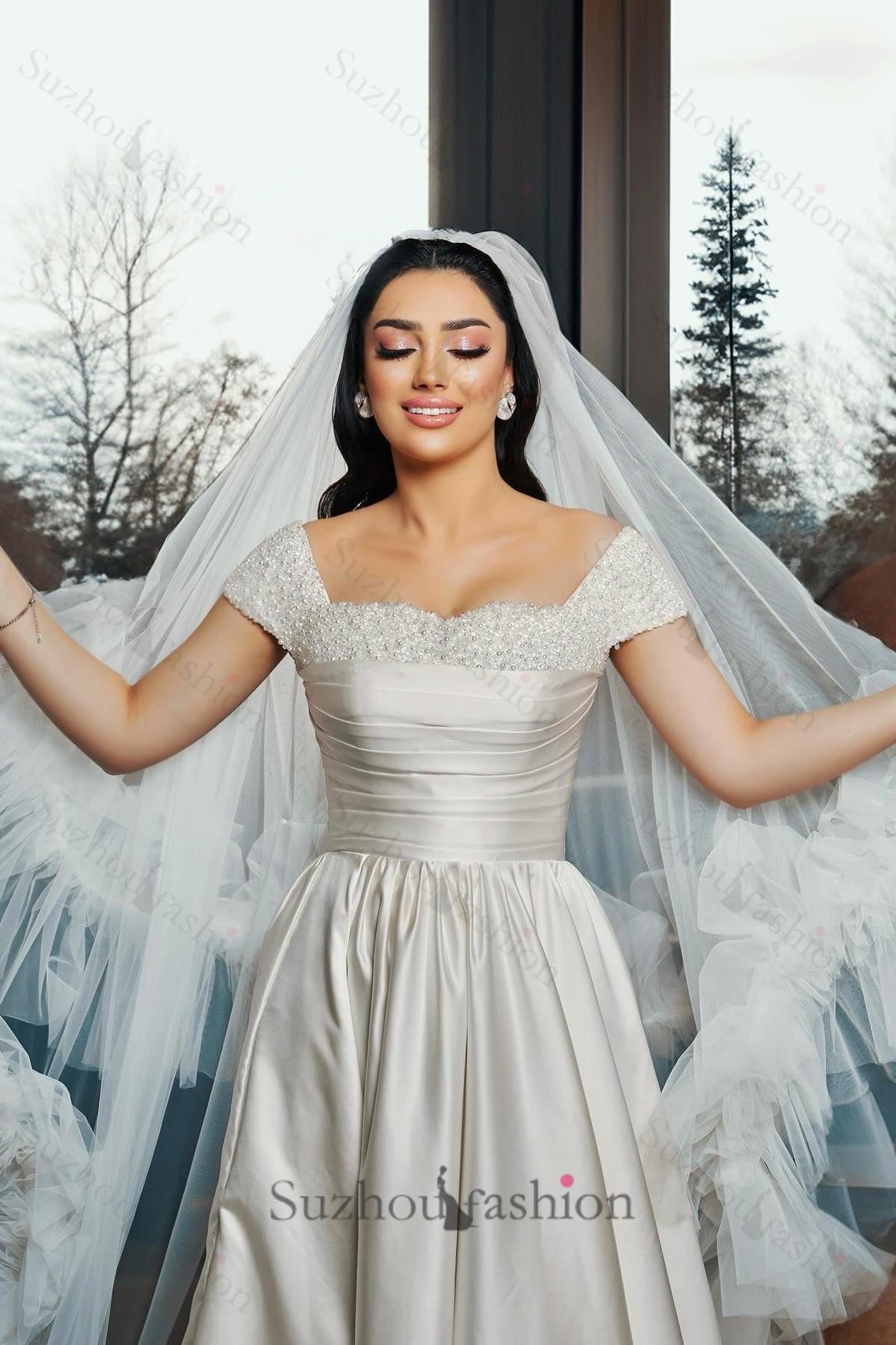 White Wedding Dress A Line Off The Shoulder Sleeveless Beaded Ruffle Long Satin Bridal Gown With Slit