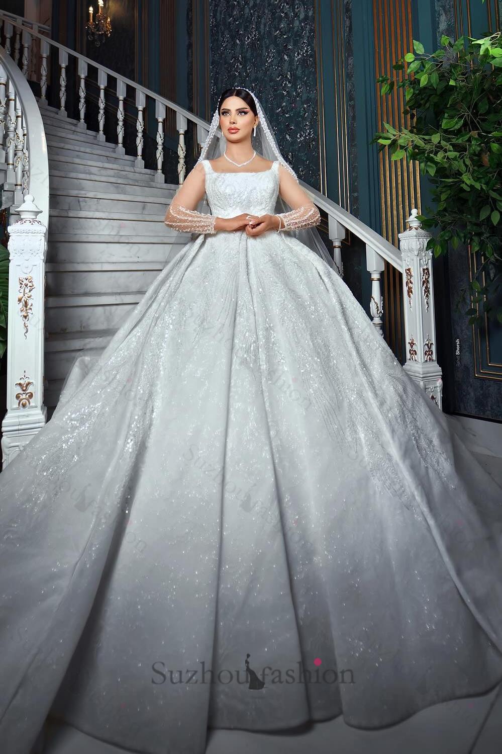 White Wedding Dress A Line Square Spaghetti Strap Beaded Illusion Sleeves Sequined Ball Gown Long Satin Bridal Gown With Ruffles
