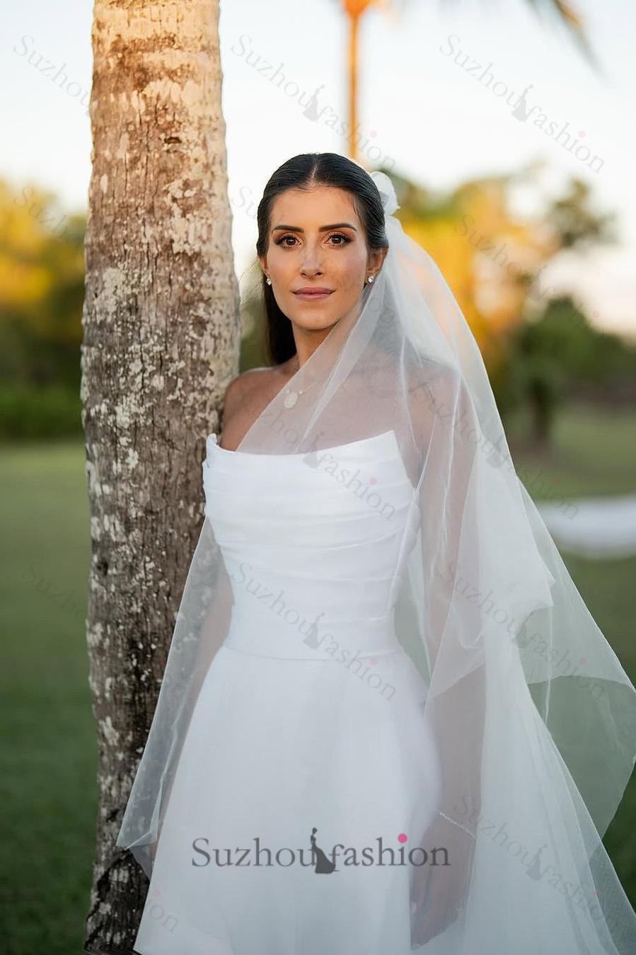 White Wedding Dress A Line Strapless Sleeveless Floor Length Satin Bridal Gown With Ruffles