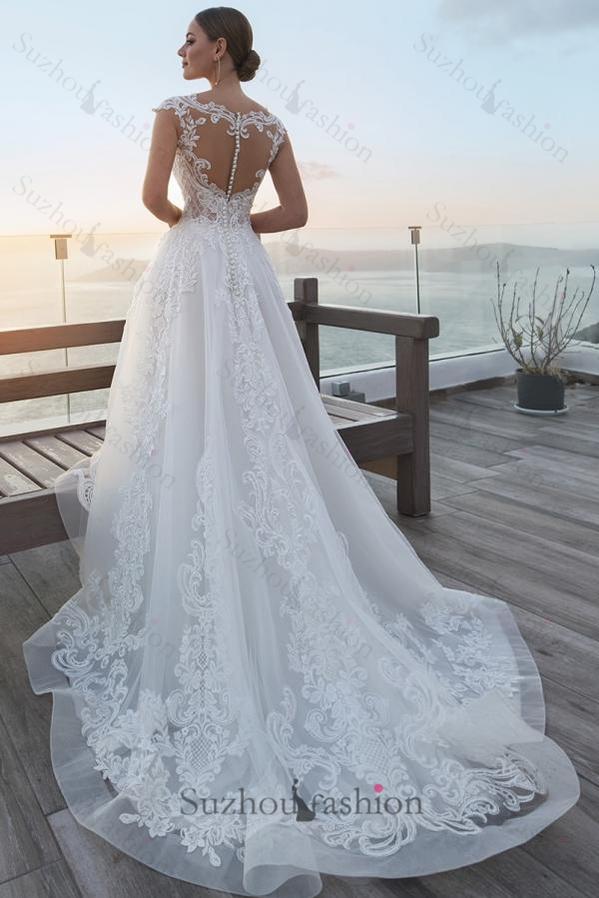 White Wedding Dress A Line V Neck Off The Shoulder Sleeveless Lace Long Tulle Bridal Gown With Appliques