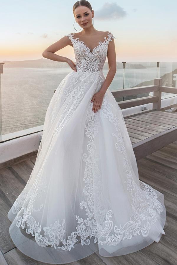 White Wedding Dress A Line V Neck Off The Shoulder Sleeveless Lace Long Tulle Bridal Gown With Appliques