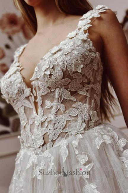 White Wedding Dress A Line V Neck Sleeveless Backless Lace Cathedral Train Bridal Gown With Appliques