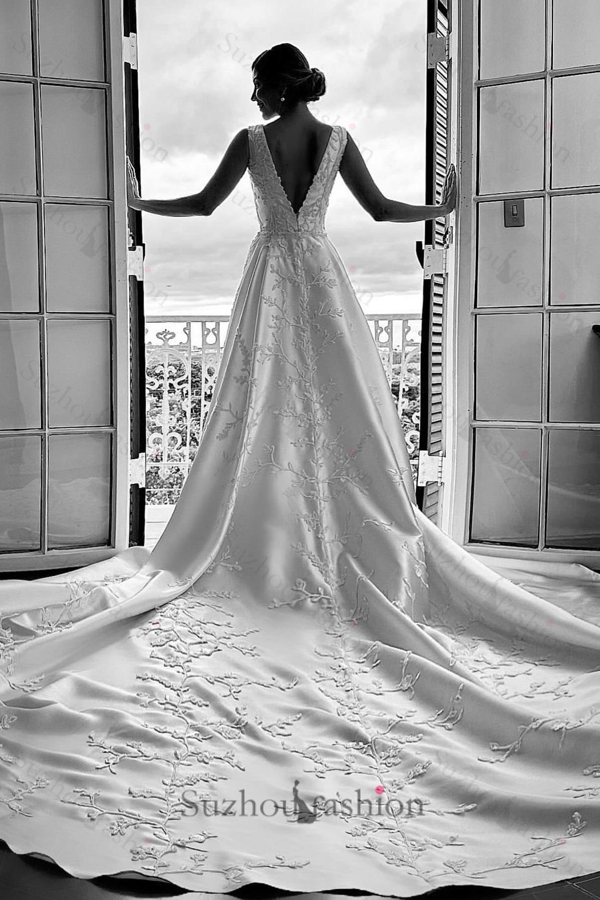White Wedding Dress A Line V Neck Sleeveless Cathedral Train Satin Bridal Gown With Appliques