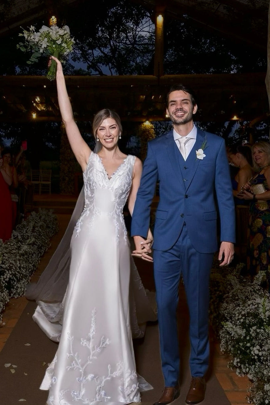 White Wedding Dress A Line V Neck Sleeveless Cathedral Train Satin Bridal Gown With Appliques