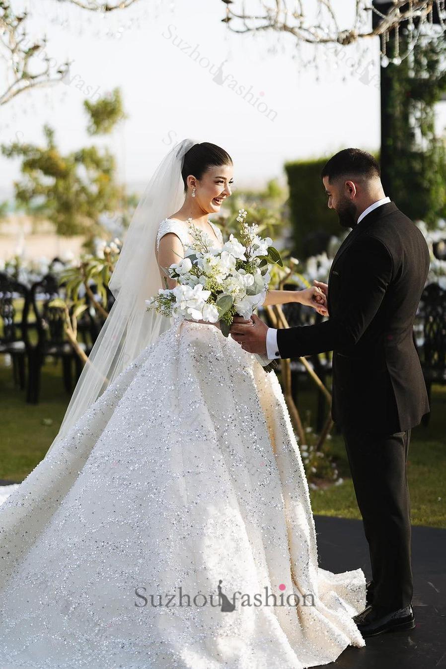 White Wedding Dress Ball Gown Square Spaghetti Straps Sleeveless Beaded Sequined Cathedral Train Bridal Gown