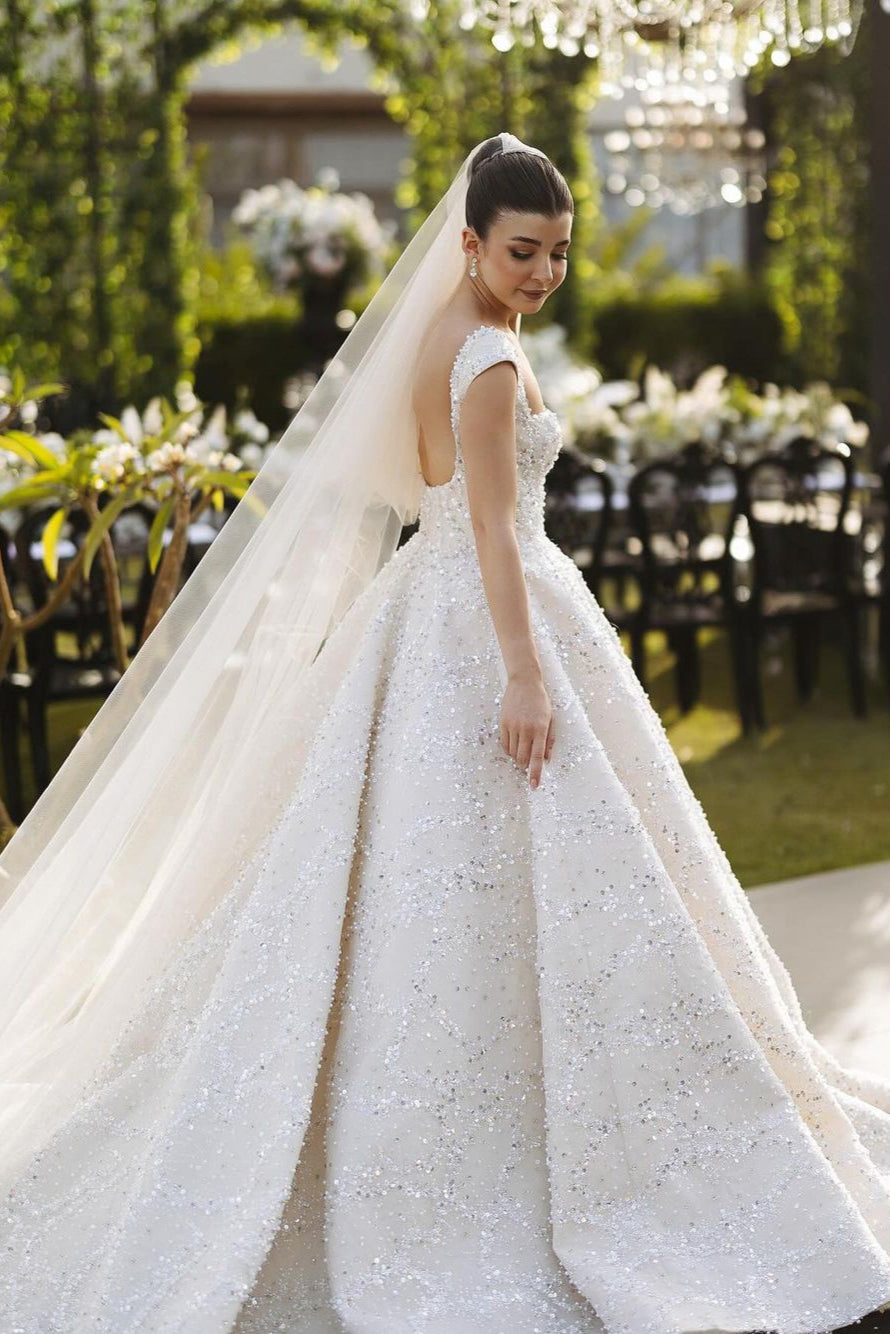 White Wedding Dress Ball Gown Square Spaghetti Straps Sleeveless Beaded Sequined Cathedral Train Bridal Gown