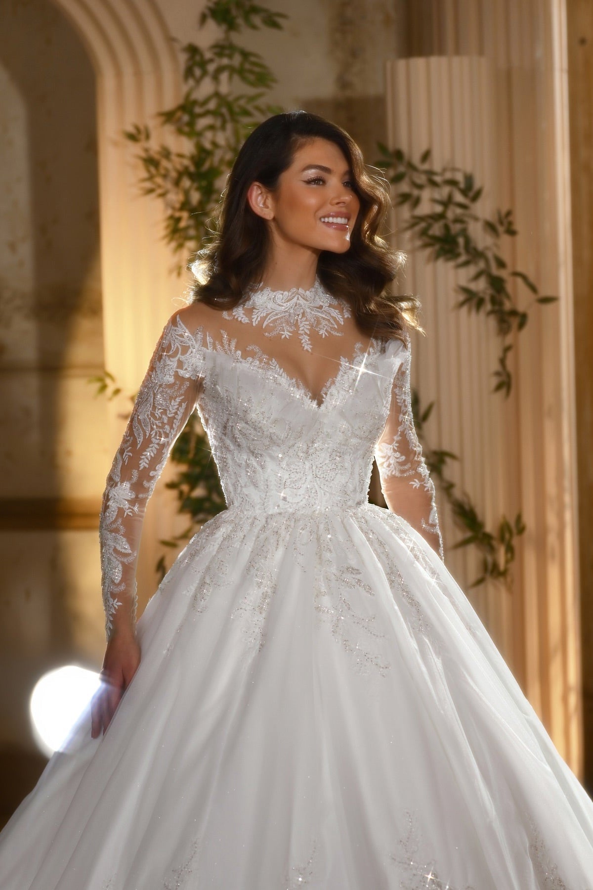 White Wedding Dress High Neck A Line Long Sleeves Ball Gown Cathedral Train Lace Bridal Gown With Sequins