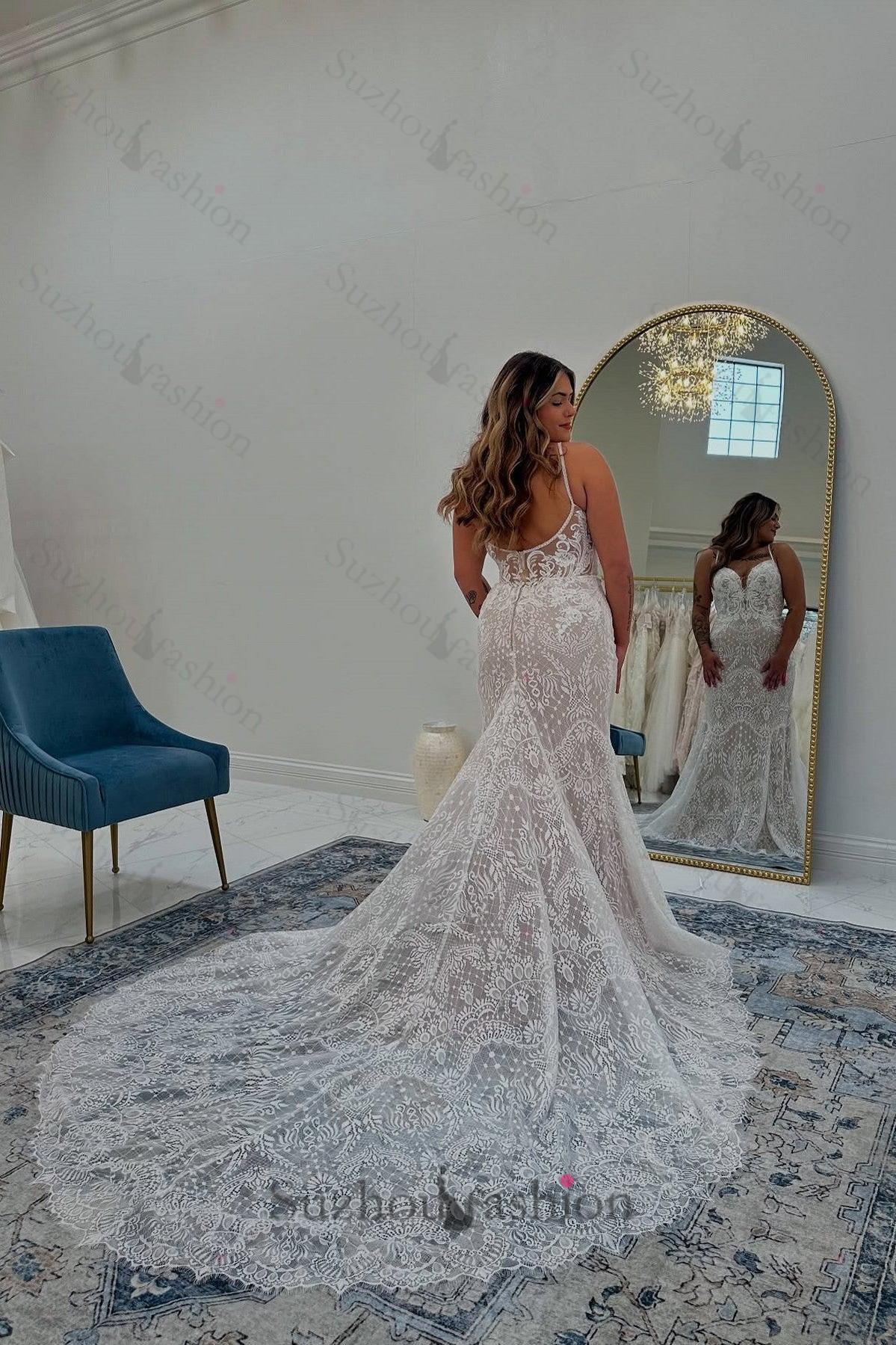 White Wedding Dress Lace Mermaid Boho Sweetheart Spaghetti Strap Sleeveless Cathedral Train Tulle Bridal Gown