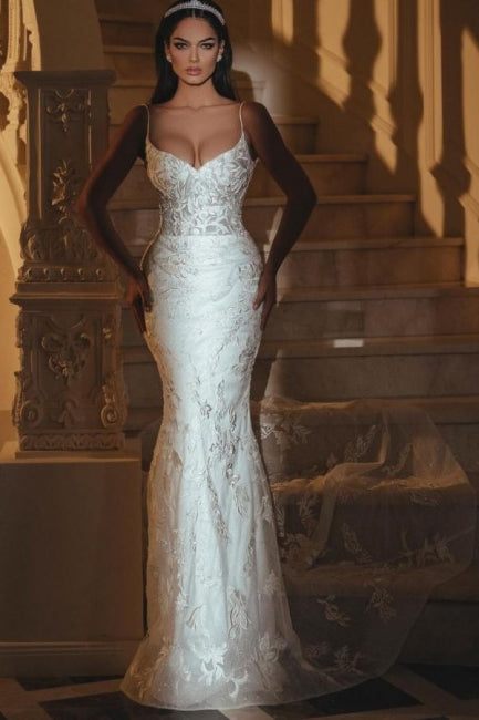 White Wedding Dress Lace Mermaid Sweetheart Spaghetti Strap Long Bridal Gown