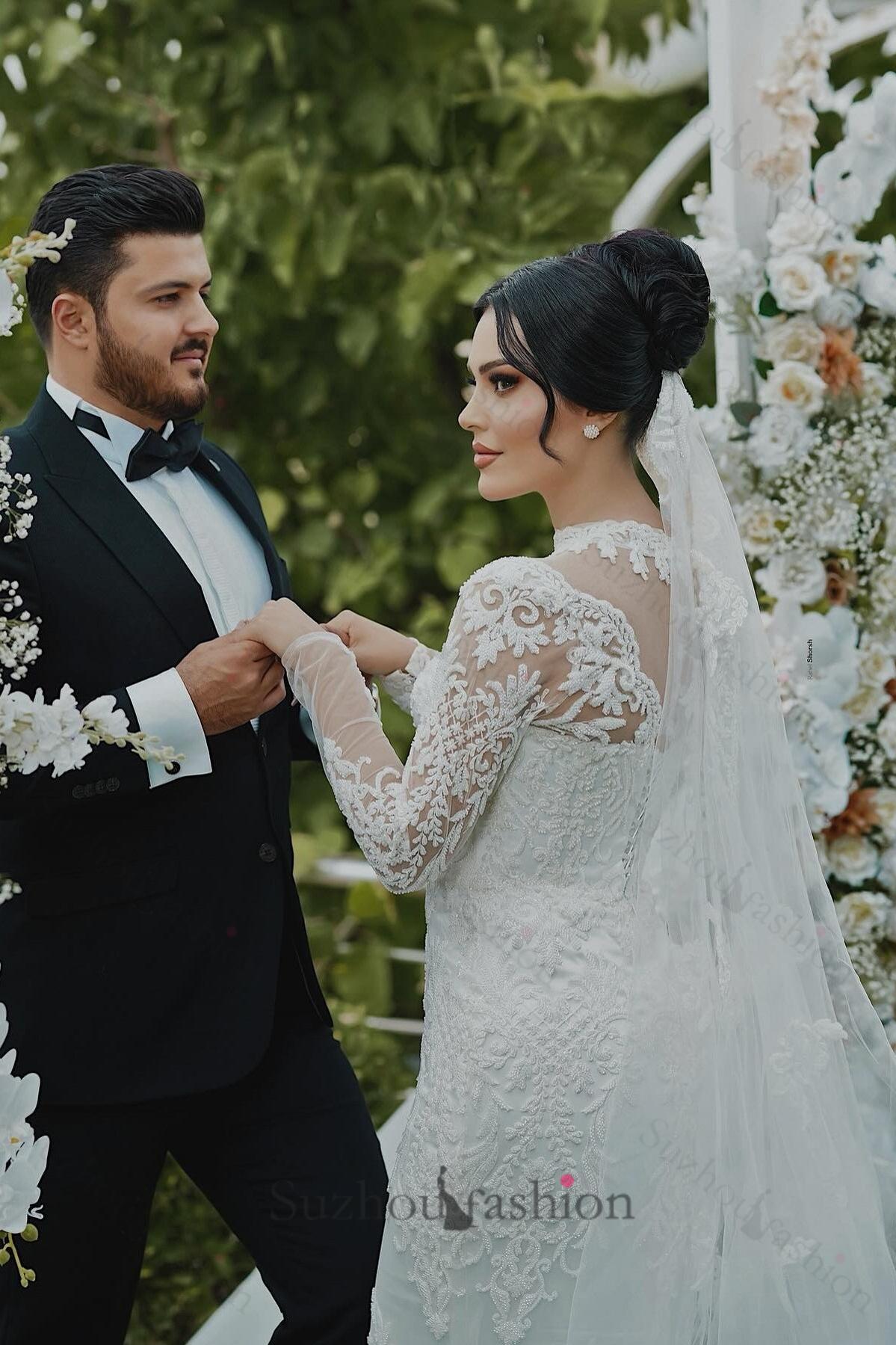 White Wedding Dress Mermaid High Neck Lace Long Sleeves Sequined Tulle Bridal Gown With Appliques