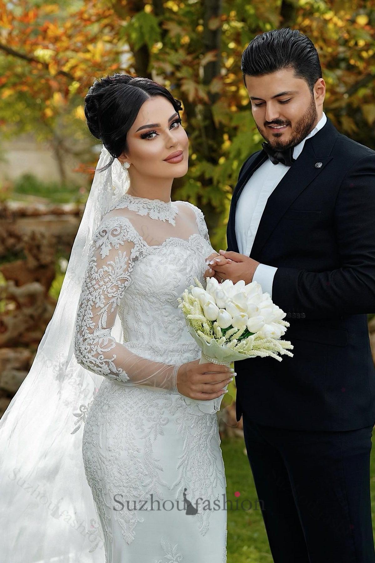 White Wedding Dress Mermaid High Neck Lace Long Sleeves Sequined Tulle Bridal Gown With Appliques