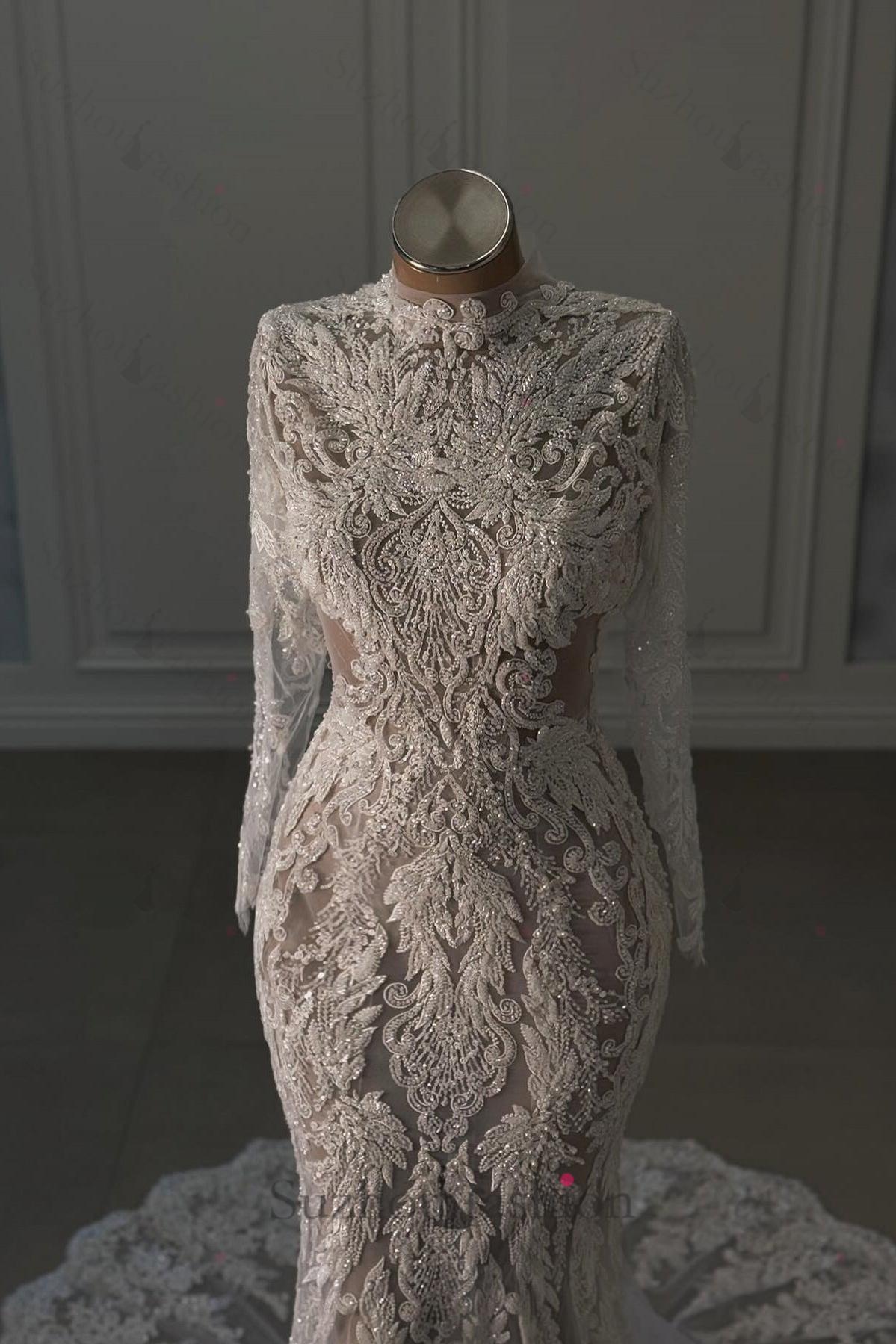 White Wedding Dress Mermaid Lace Beaded High Neck Long Sleeves Chapel Train Bridal Gown