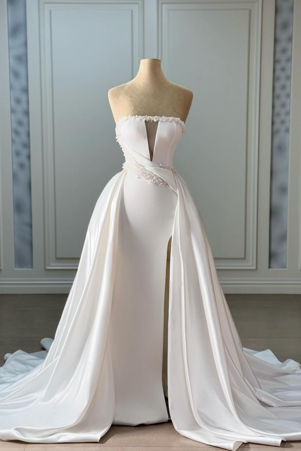 White Wedding Dress Strapless Sleeveless Beaded Panel Train Ruffle Long Satin Bridal Gown With Slit