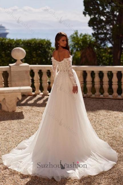 White Wedding Dress Sweetheart A Line Off The Shoulder Long Sleeve Split Front Tulle Bridal Gown With Appliques And Handmake Flowers
