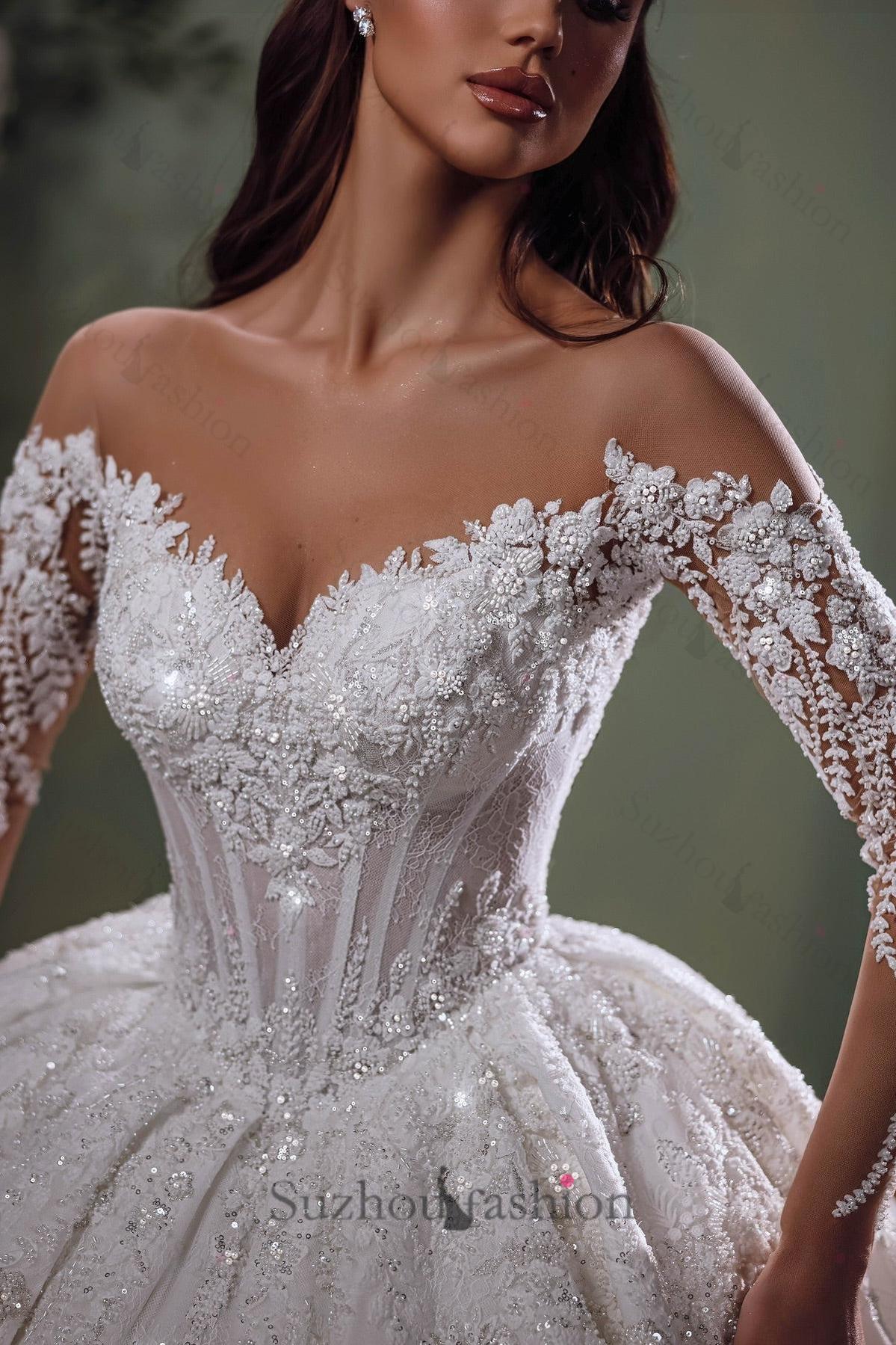 White Wedding Dress Sweetheart Off The Shoulder Beaded Sequined Lace Long Sleeves Ball Gown Long Bridal Gown