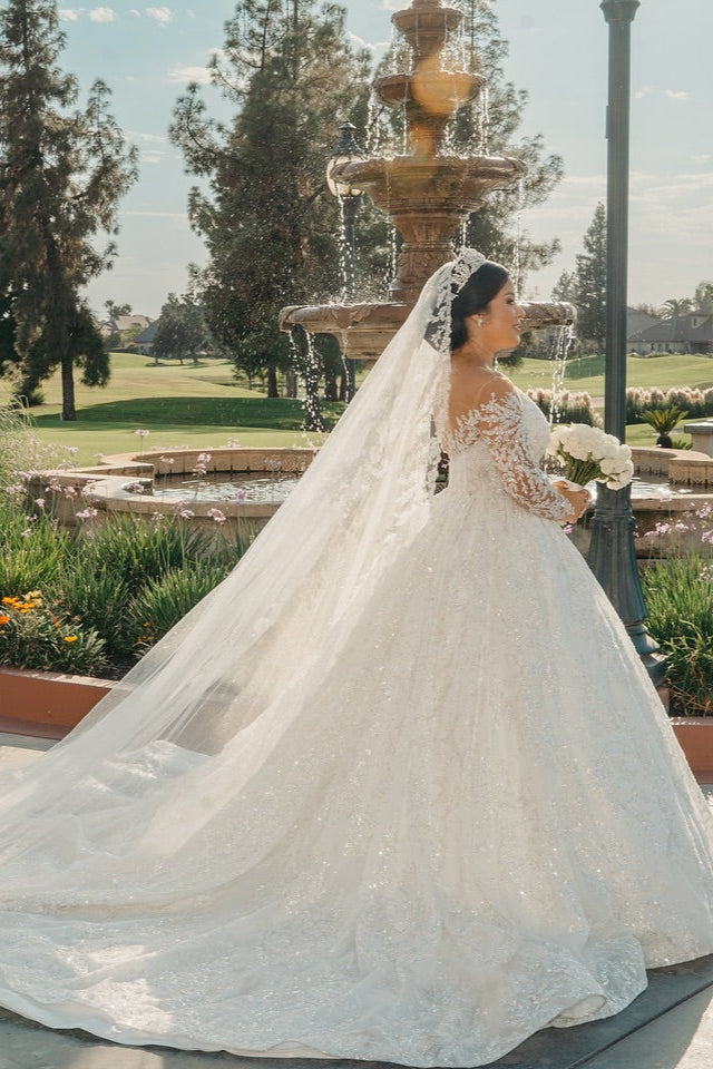 White Wedding Dress V Neck Lace Sequined Ball Gown Long Sleeves Cathedral Train Bridal Gown