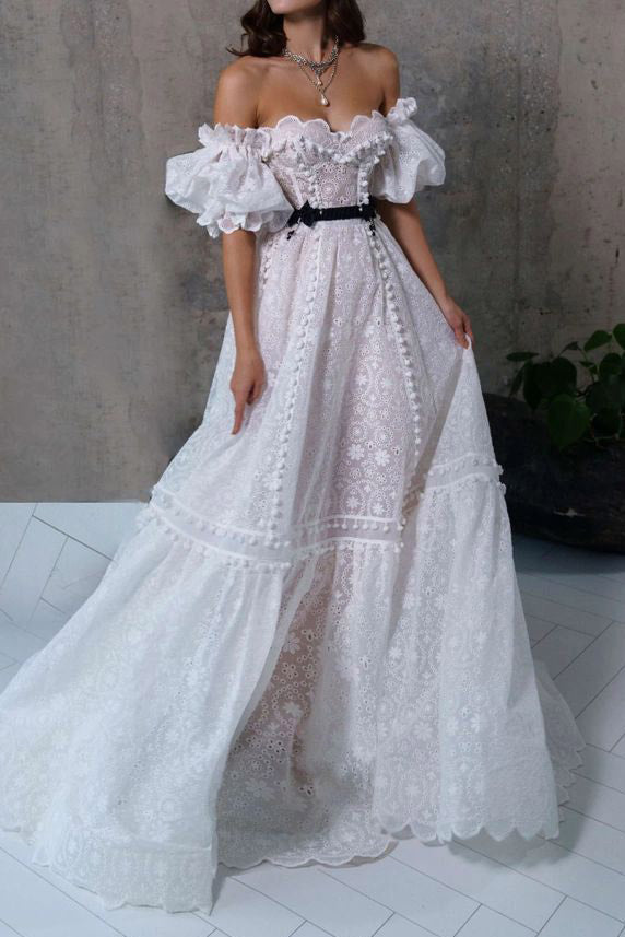 White Lace A-Line Off Shoulder Prom Dress Evening Gown - Fashionpara