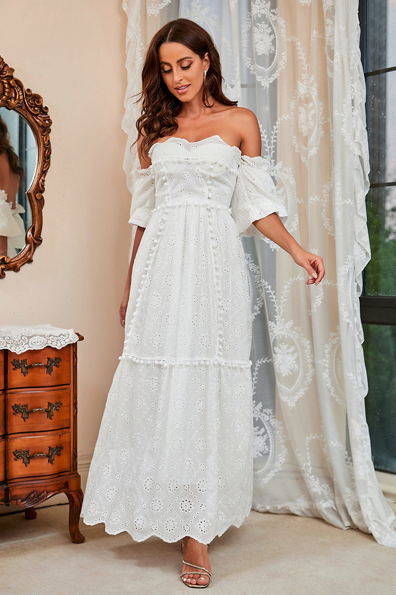White Lace Off Shoulder A-Line Prom Dress - Fashionpara