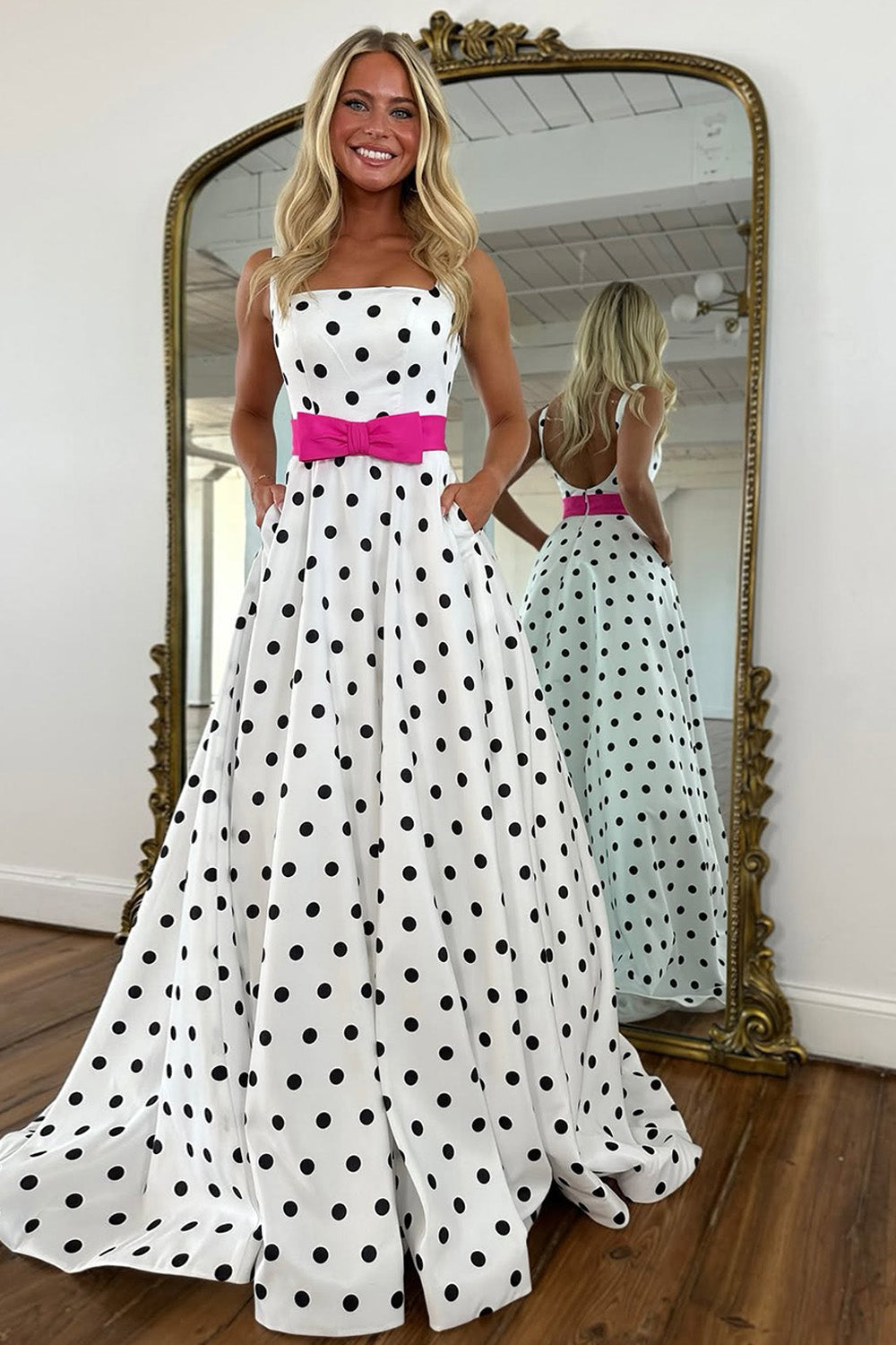Sweety A Line Strapless White Satin Polka Dot Prom Dress with Pink Bow