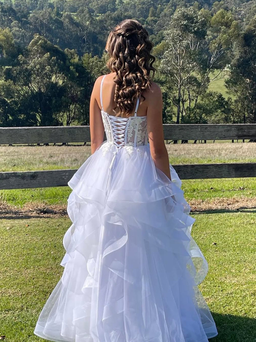White Sheer Floral Lace Corset Spaghetti Straps Tulle Tiered Prom Dress