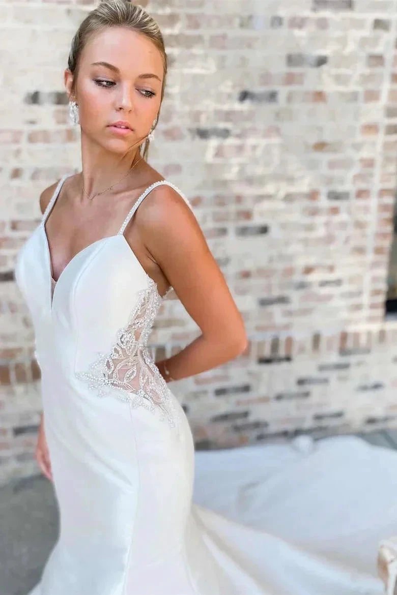 White V-Neck Beading Trumpet Long Wedding Dress Bridal Gown (ZD16161)