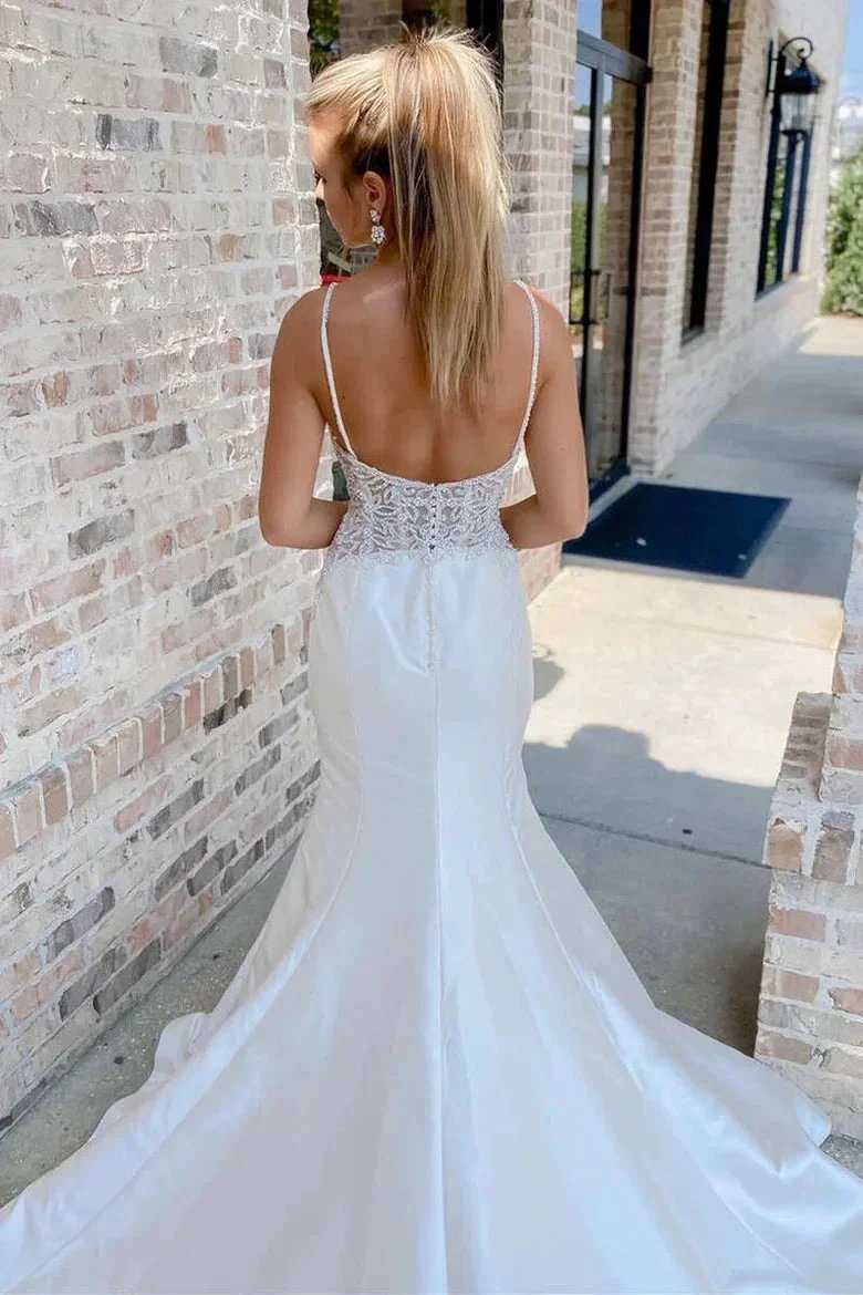 White V-Neck Beading Trumpet Long Wedding Dress Bridal Gown (ZD16161)