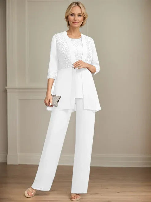 Jumpsuit/Pantsuit Separates Scoop Floor-Length Chiffon Lace Mother of the Bride Dress With Sequins