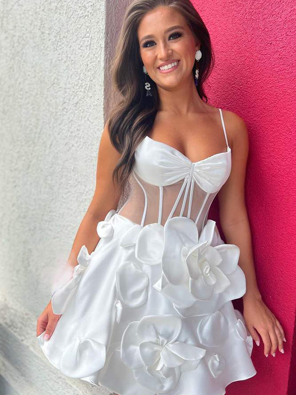 White A-Line Spaghetti Straps Short Floral Satin Homecoming Dress