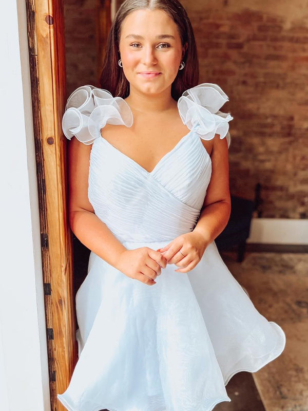 A-Line Surplice Ruffles Straps Tulle Homecoming Dress - FashionDia