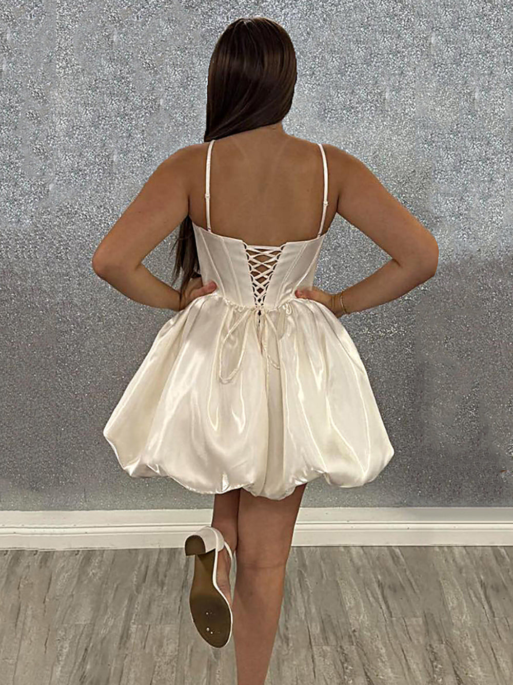Straps Ruched  Satin A Line Short Corset Homecoming Dress