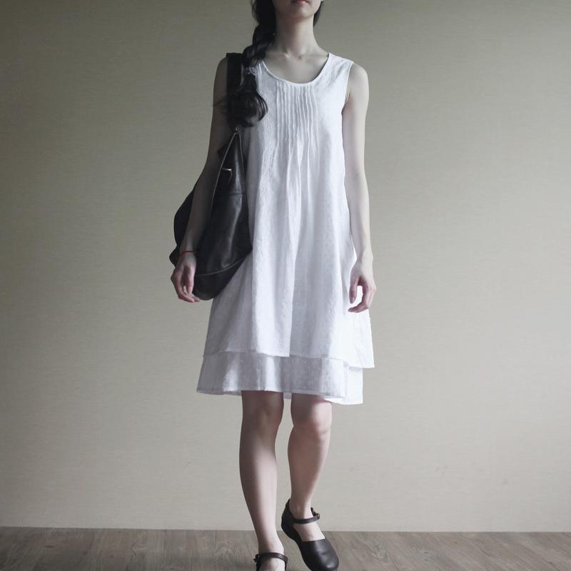 White layered cotton sundress sleeveless summer dress loose fitting