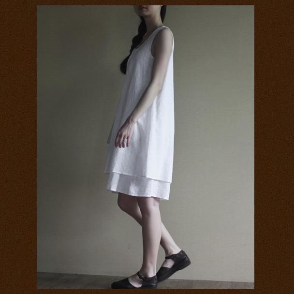 White layered cotton sundress sleeveless summer dress loose fitting