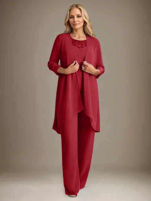 Chiffon Scoop Long Sleeves Mother Of The Bride Pantsuits With Jacket