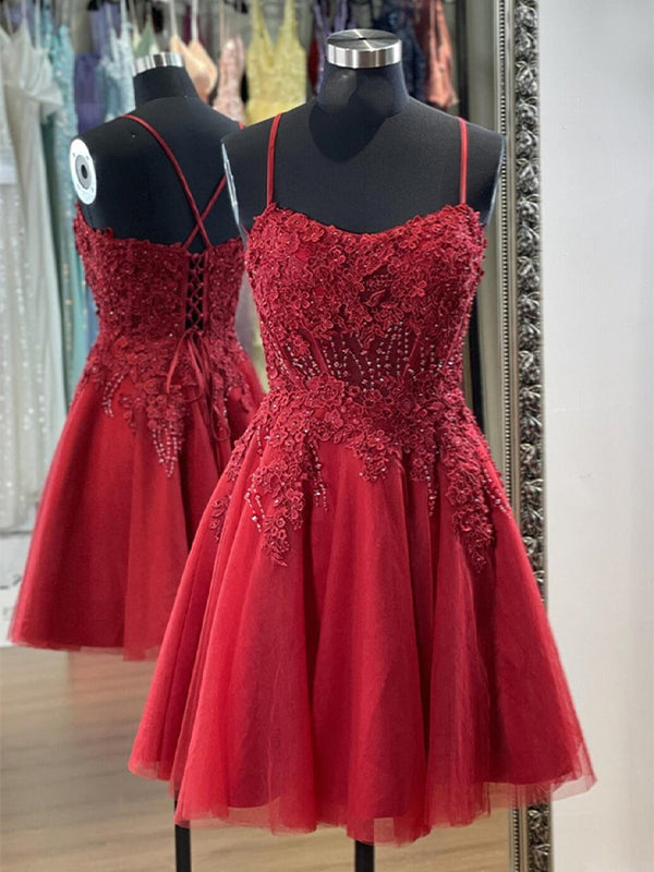 A-Line Short Homecoming Dress with Lace Appliques - FashionDia