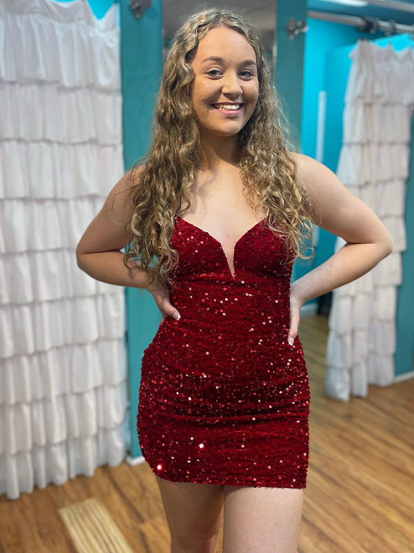 Wine Red V Neck Sequin Bodycon Short Homecoming Dress
