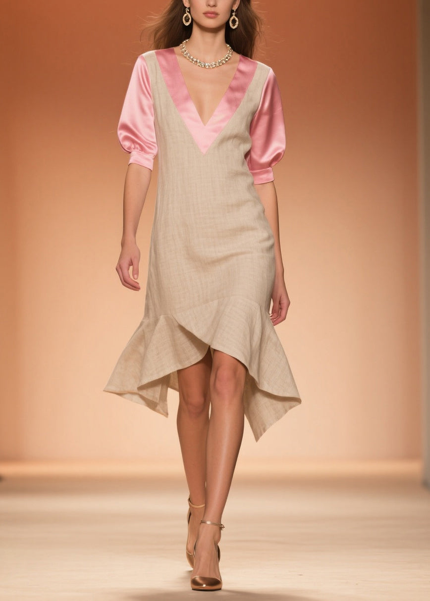 Women Beige Ruffled Patchwork Linen Silk Fake Two Piece Dress Summer