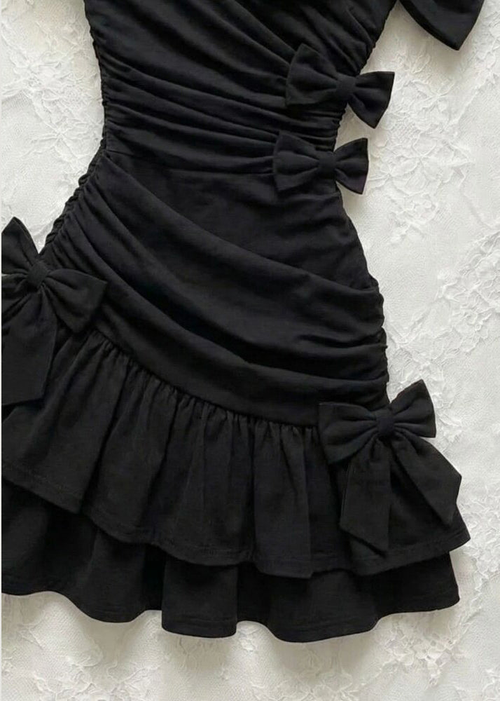 Women Black One Shoulder Bow Wrinkled Cotton Party Dress Summer