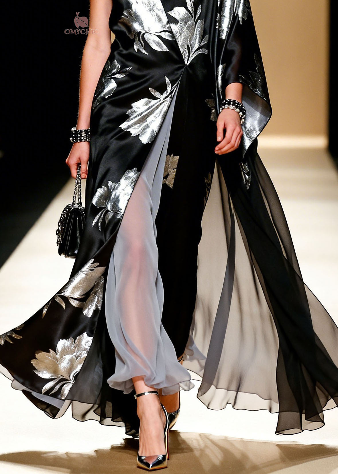 Women Black V Neck Asymmetrical Design Patchwork Chiffon Dress Summer