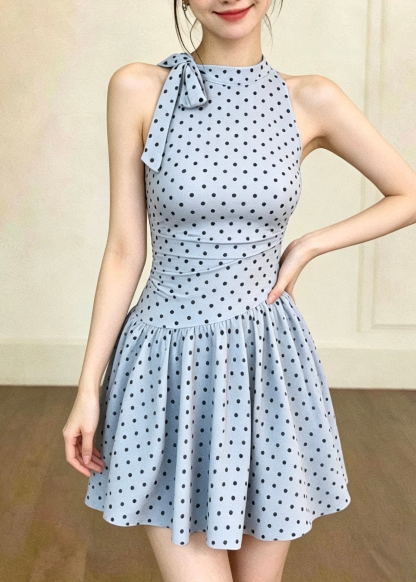 Women Blue Bow Dot Print Swimwear Dress Bodysuits