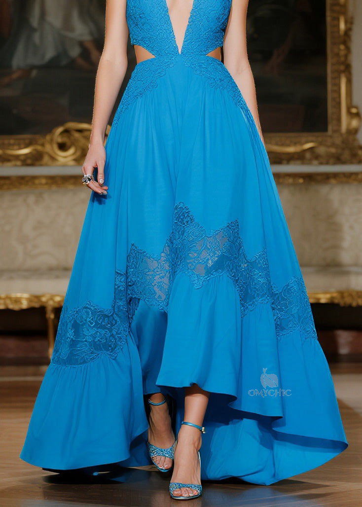Women Blue Hollow Out Lace Patchwork Spaghetti Strap Dresses Summer