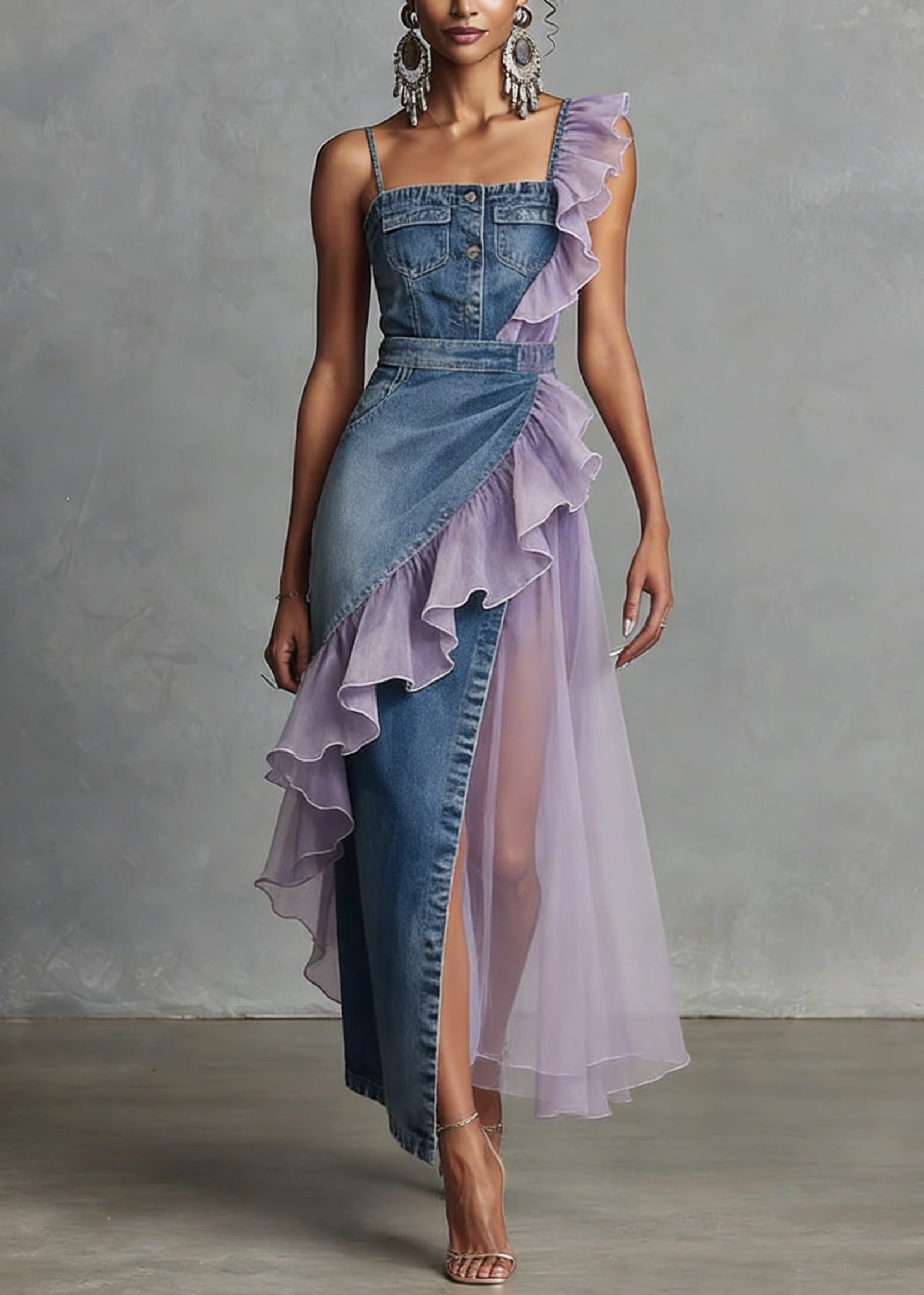 Women Blue Ruffled Patchwork Denim Spaghetti Strap Dress Summer