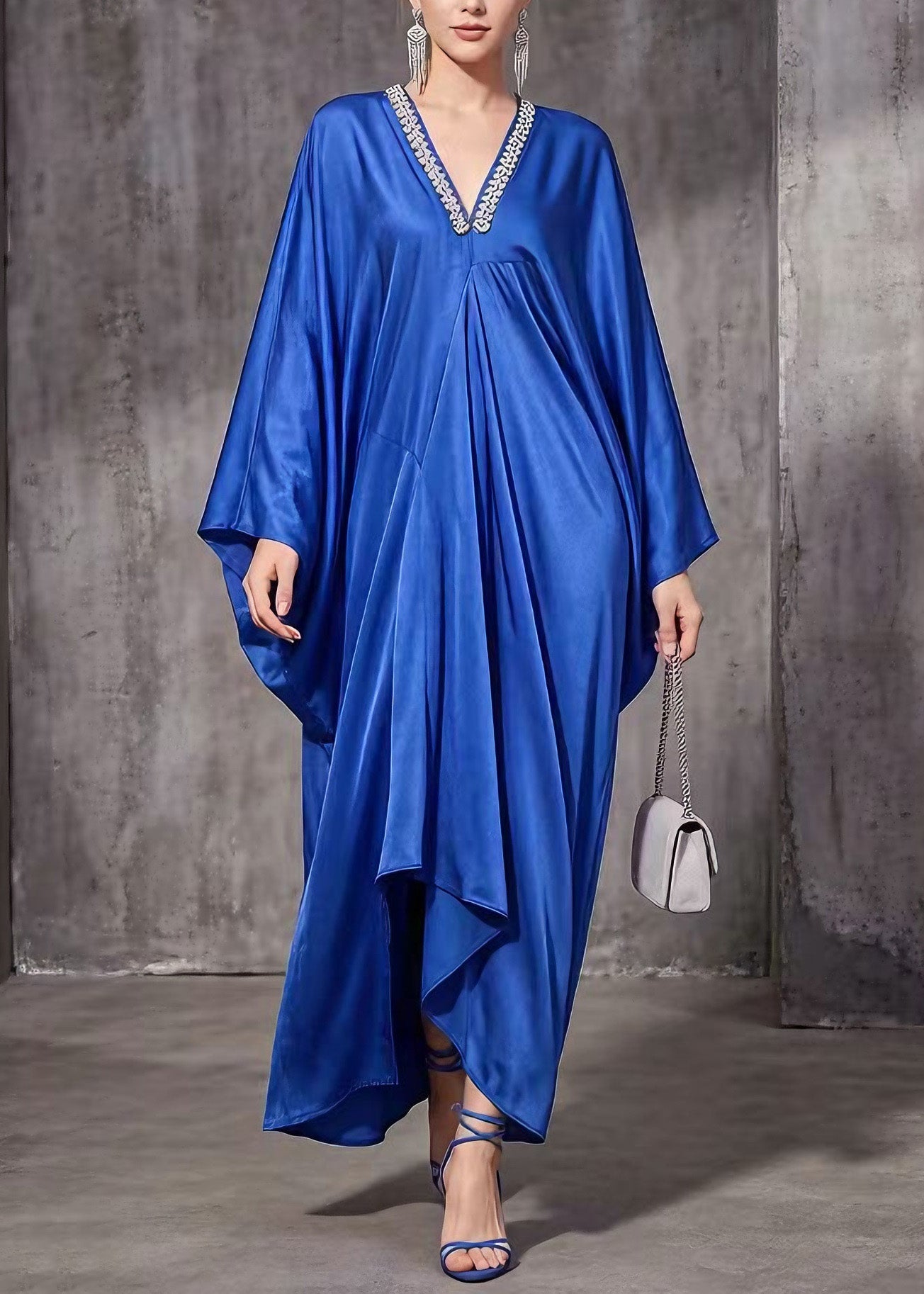 Women Blue V Neck Asymmetrical Design Silk Dress Spring