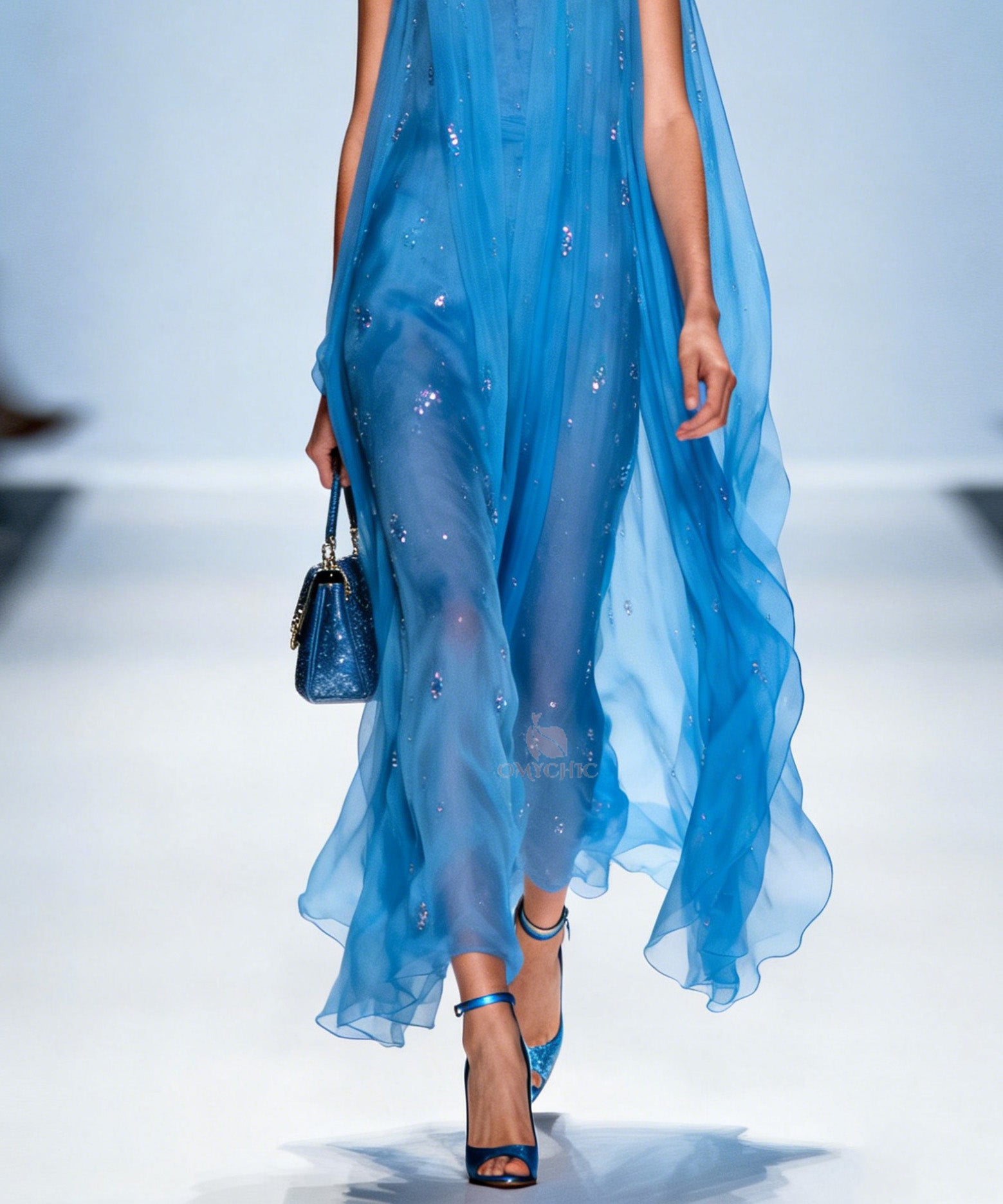 Women Blue V Neck Zircon Chiffon Dresses Sleeveless
