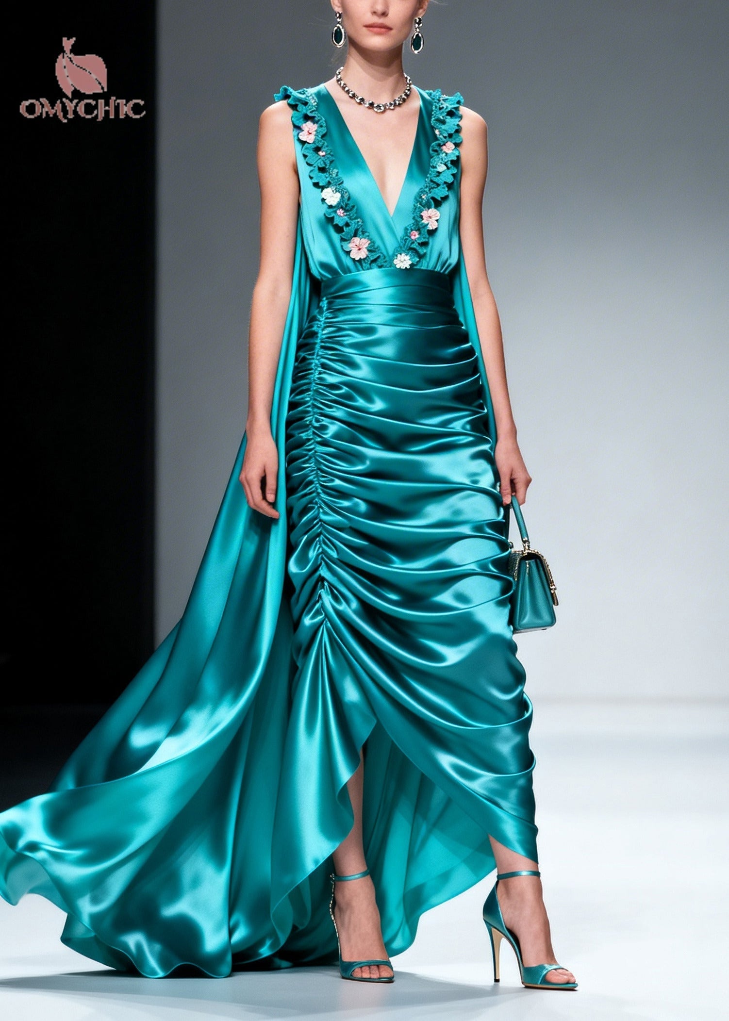 Women Blue Wrinkled Exra Large Hem Flower Silk Party Dresses Sleeveless