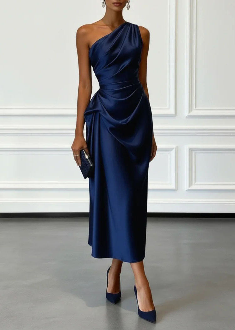 Women Champagne One Shoulder Wrinkled Silk Dress Summer