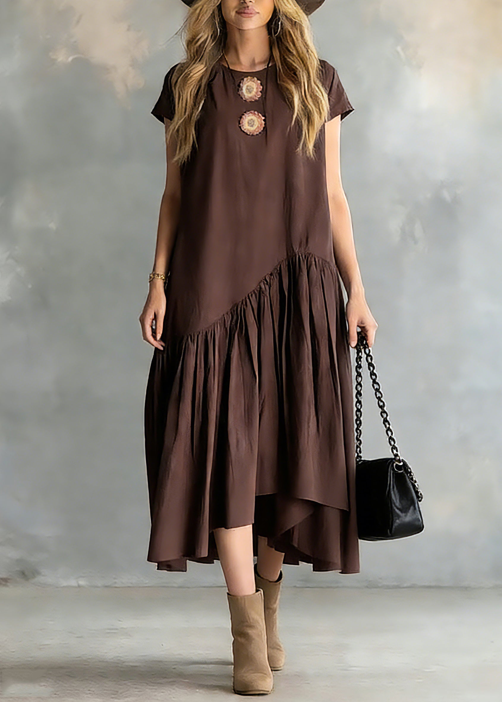Women Coffee O-Neck Wrinkled Patchwork Long Dresses Short Sleeve