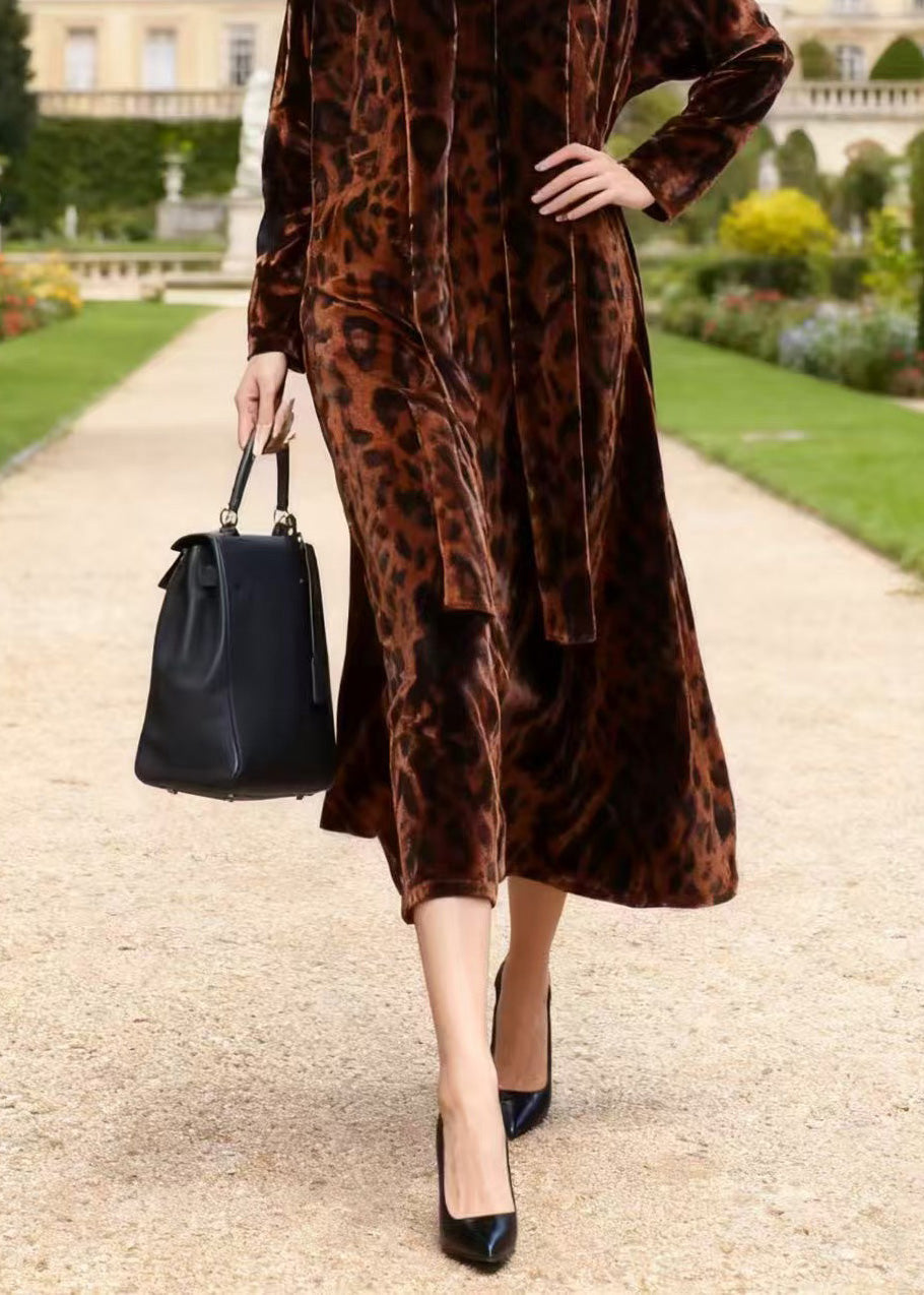 Women Coffee V Neck Leopard Print Velvet Dresses Spring