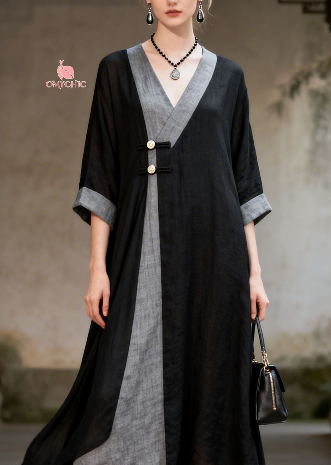 Women Colorblock V Neck Patchwork Cotton Long Dresses Summer