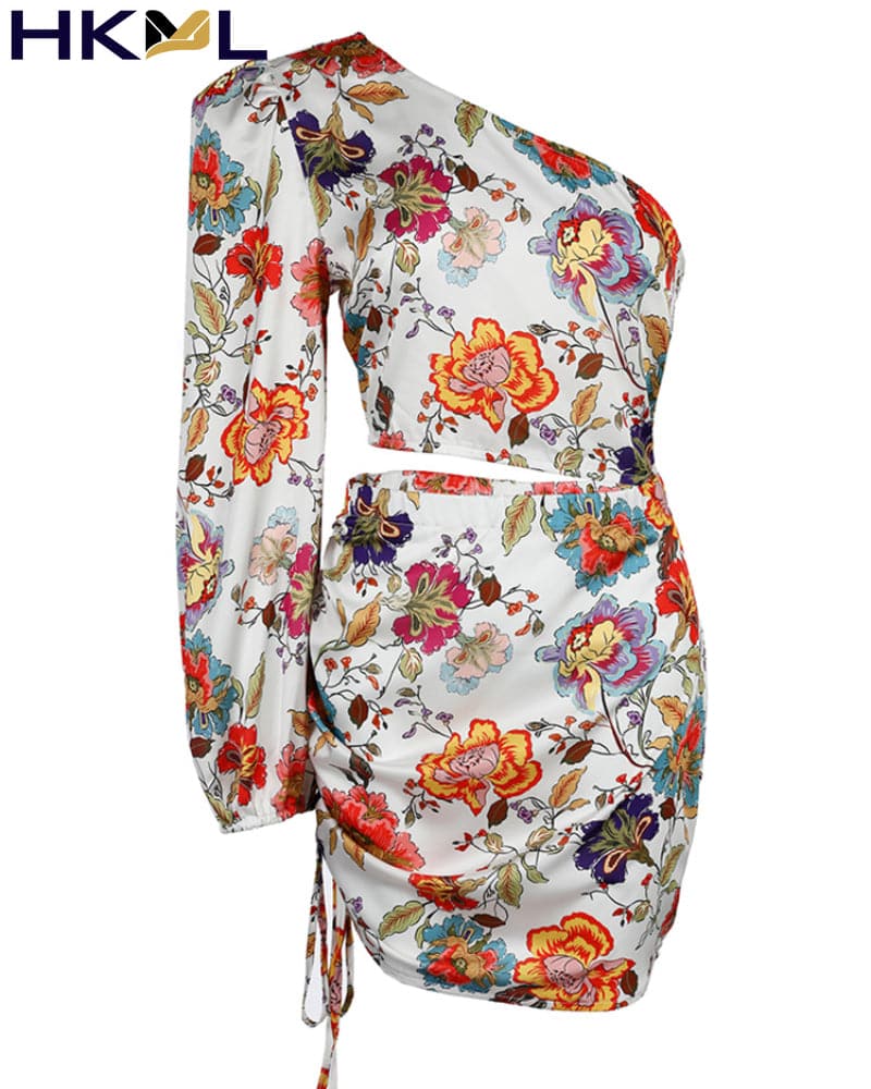 Women Fashion Floral Print Cutout Lantern Long Sleeve Dress